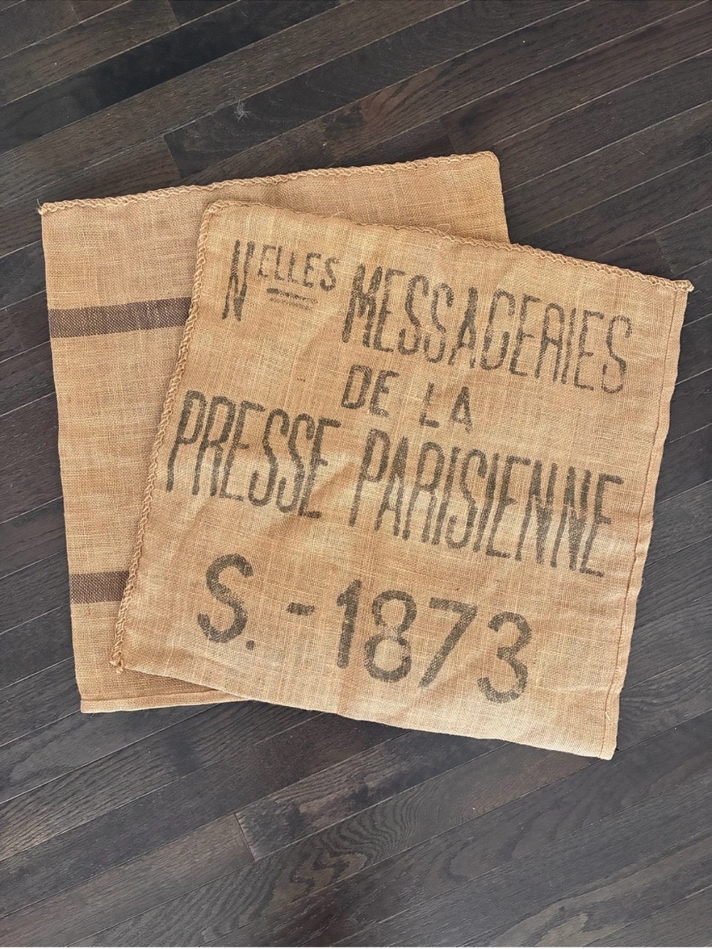 Restoration Hardware Tan Burlap Throw Pillow Covers (2) Vintage French Print 22”